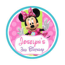  Printed Minnie Mouse Bowtique Birthday round label 1.5&quot;, 2&quot;, 2.5&quot; choos... - $7.32