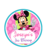  Printed Minnie Mouse Bowtique Birthday round label 1.5&quot;, 2&quot;, 2.5&quot; choos... - £5.78 GBP