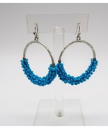 Miriam Haskell silver tone hoop earrings teal blue seed beads NOC - $24.99