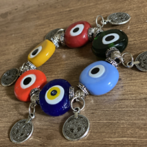 Evil Eye Stretch Bracelet Large Glass Beads w Connectors Coin Dangles - £23.97 GBP