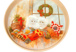 Vintage Cat Christmas Tin Giordano White kitties heart Quilt Tea Tray 90... - £11.86 GBP