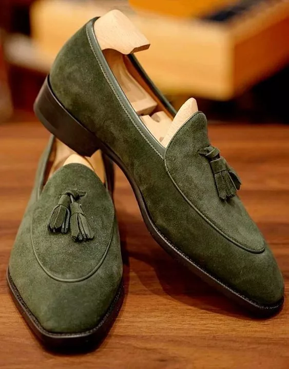 New Olive Green Suede Formal Handmade Tassels Moccasins Dress Shoes For ... - $179.99