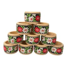 Set of 10 Vintage Wooden Napkin Rings Floral Canvas Ribbon Poinsettia Christmas - £37.34 GBP