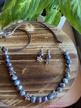 “Simple Things “ Blue-Gray Pearl  And Gray Leather Necklace/Earrings. Free Ship! - £25.94 GBP