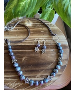 “Simple Things “ Blue-Gray Pearl  And Gray Leather Necklace/Earrings. Fr... - £26.07 GBP
