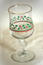 Libbey Bow Stemmed Glass Goblet Christmas Holly Berry Gold Rim - £6.22 GBP