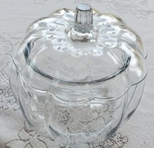 VTG Clear Glass Pumpkin Cookie Candy Jar Dish with Lid 7” Fall Harvest Decor  - £20.07 GBP
