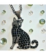 Black Cat Pendant Necklace – Rhinestone Accents – Gunmetal Chain - $16.51 CAD