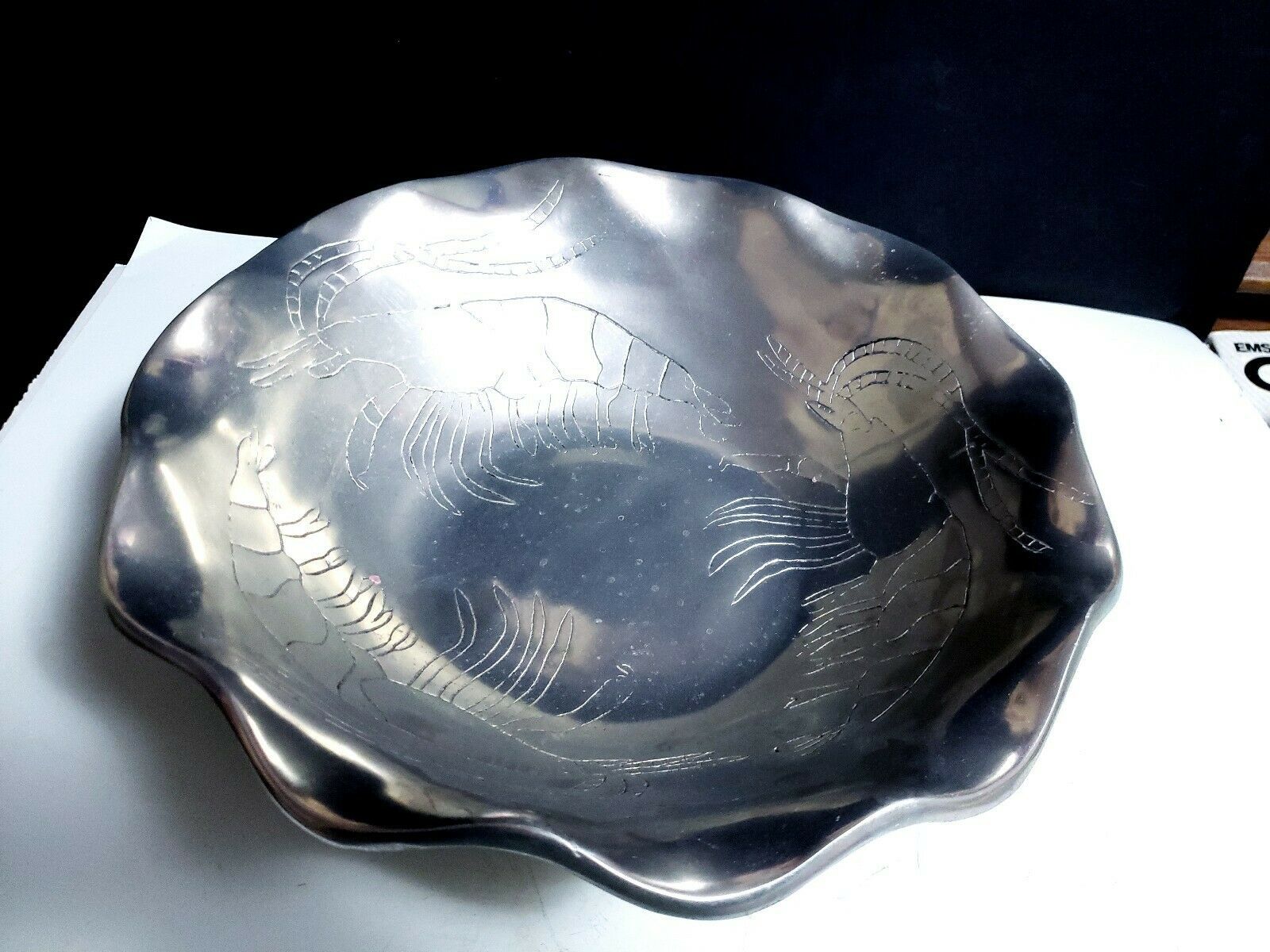 Primary image for Hand Forged Wrought Aluminum Large 13" Salad Serving Bowl Engraved Shrimp Motif