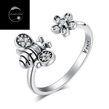 Genuine Sterling Silver 925 &amp; CZ Honey Bee An Flower Adjustable Resizable Ring - £15.77 GBP