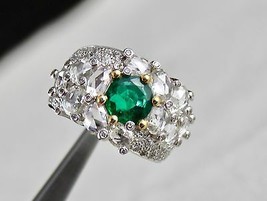 Top Natural Zambian Emerald Round Cut Rose Cut Diamond 18K Gold Statement Ring - £6,612.37 GBP