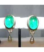 Vintage Coro Clip Green Cabochon Earring Dangle Drop Pearl Open Back 16-F - $42.56
