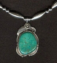 Adjustable Sterling Silver Beads and Kingman Turquoise Pendant Necklace - £159.50 GBP