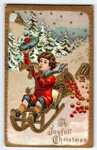 Christmas Postcard Victorian Child On Sled Blows Horn Wicker Basket Of Chestnuts - £16.07 GBP