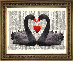 Noir Cygne Imprimé Rouge Cœur Amour : Antique Dictionary Page Oiseau D - £5.21 GBP