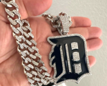 Large CZ Bling Detroit Tigers Silver Pendant Iced 12mm Cuban Chain Neckl... - £23.84 GBP