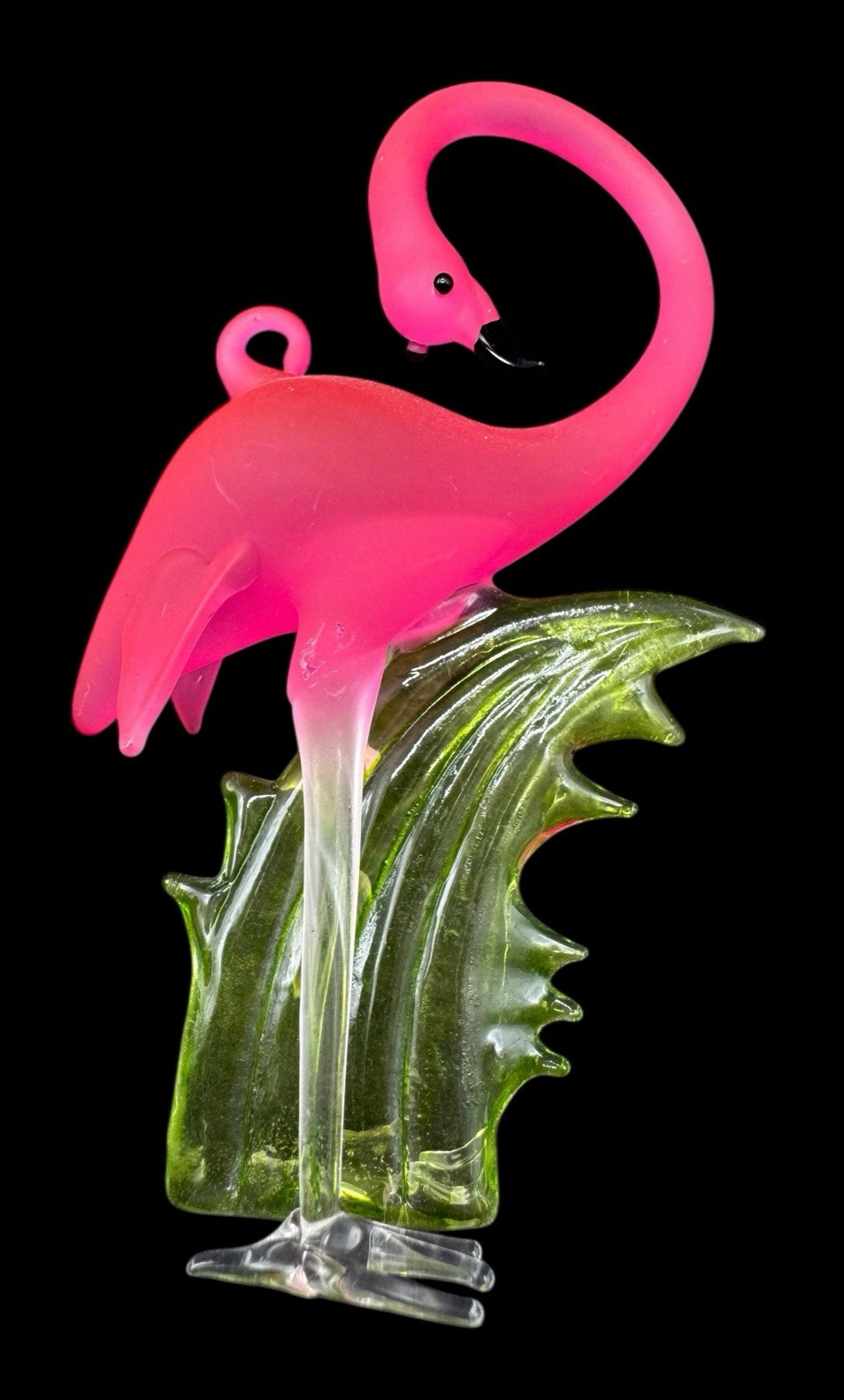 Flamingo Vintage Glass Figurine 4&quot; Pink Green Grass Statue Bird - $14.00