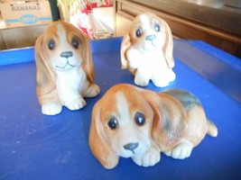 Vintage 3 HOMCO #1407 Puppy Figurines 2 Sitting 1 Laying Beagle Dogs Big Eyes - £8.68 GBP
