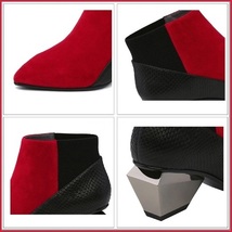 Red And Black Split Color Suede Genuine Cow Leather Cuban Heel Ankle Boots image 4