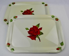 Set of 6 Vintage Metal TV trays Roses &amp; Rose Buds 17.5&quot; x 12.5&quot; painted - £31.57 GBP