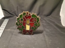 Stained Glass Cast Iron Candle Holly Berry Bow Holder Votive Christmas - £6.88 GBP