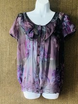 East 5th Woman Sheer Purple Floral Large Blouson Button Ruffle Front Top Blouse - £14.16 GBP
