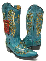 Womens Western Wear Boots Turquoise Leather Gold Sequins Inlay Wings Snip Toe - £66.31 GBP