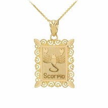 14k Solid Gold Scorpio Zodiac Sign Filigree Rectangular Pendant Necklace - £182.79 GBP+