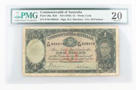 1938 Australia 1 Pound Banknote Graded by PMG VF-20 P#26a - $383.33
