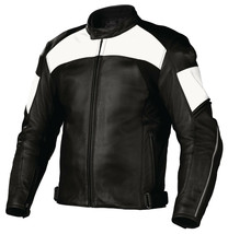 Men Black White Contrast Motor Biker Real Genuine Leather Safety Pads Jacket - £126.10 GBP