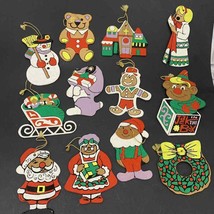 12 Flat Wood Christmas Tree Ornaments Double Sided Hand Painted Colorful Vintage - £13.59 GBP