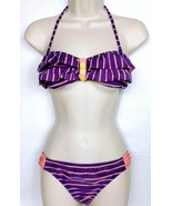 Arizona Women&#39;s Halter Bikini Swimsuit Top Sm Bottom Med Striped Purple ... - £15.53 GBP