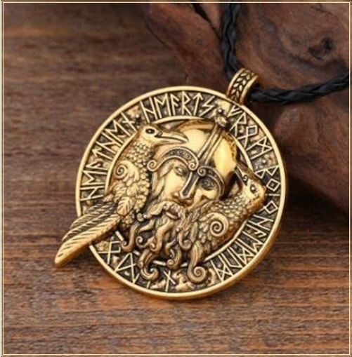Viking Odin Two Black Ravens Rune Talisman Amulet Vintage Pendant Men's Necklace