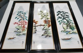Vintage Japanese Tile Art Hand Painted Signed Framed Pictures Wall Hangings 3pc  - £183.59 GBP