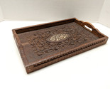 Vintage Carved Wood Serving Tray with Handles Floral Inlay 15x10 - $29.65
