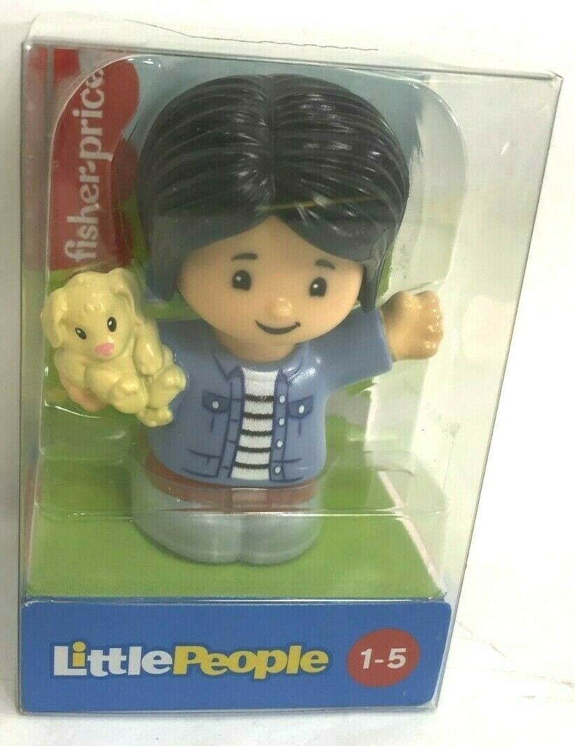 Fisher Price Little People Mom in Blue Shirt with Puppy, Black Hair - $9.99