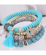 4pcs Boho Evil Eye Pendant Charm Beads Bracelets Set Women Lava Stone Ba... - $10.00