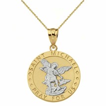 10k Two Tone Gold Engravable St. Saint Michael Pray For Us Pendant Necklace - £211.51 GBP+