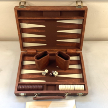 Vintage Backgammon Set Brown Faux Leather Folding Briefcase Cups Dice Chips - $15.83