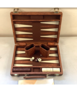 Vintage Backgammon Set Brown Faux Leather Folding Briefcase Cups Dice Chips - £12.44 GBP