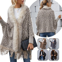 Women Luxury Large Faux Fur Collar Leopard Cape Ponchos Tassel Outwear Coat S-L - £18.66 GBP+