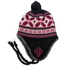 Womens Black and Pink Beanie with Pom and Braids Aztec Floral Design Acrylic - £11.79 GBP