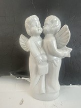 Vintage Kissing Angels Girl &amp; Boy White Ceramic Decor Christmas Glaze 8&quot; - £9.44 GBP