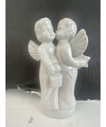 Vintage Kissing Angels Girl &amp; Boy White Ceramic Decor Christmas Glaze 8&quot; - $182.44 MXN