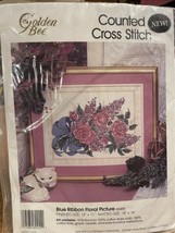 New Golden Bee Blue Ribbon Floral Roses Lilacs Bouquet Floral Cross Stitch KIT - $6.64