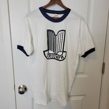 VTG Screen Stars Ringer T-Shirt Triumph Motorcycles White Blue Single St... - $49.49