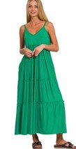 Zenana V Neck Cami Maxi Tiered Dress Stretch Side Pockets Kelly Green Wo... - $28.00