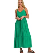 Zenana V Neck Cami Maxi Tiered Dress Stretch Side Pockets Kelly Green Wo... - $41.16 CAD