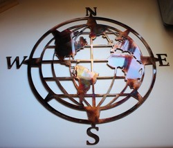 Nautical Compass Rose w/ World Globe - Metal Wall Art - Copper 20&quot; - £49.33 GBP