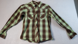 Cowgirl Western Shirt Youth L Brown Green Plaid Cotton Pearl Snap Button Down - £11.62 GBP